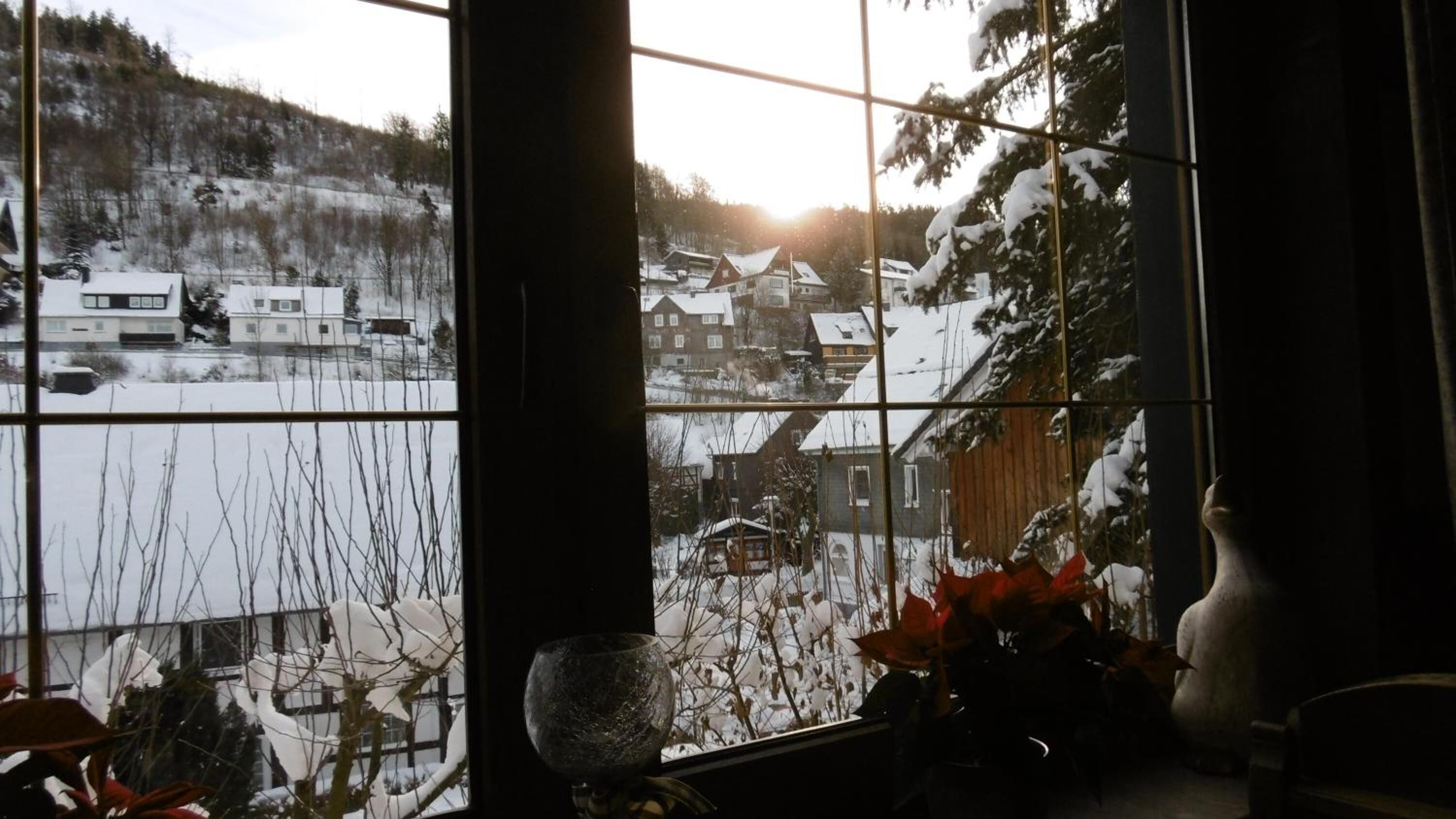 Une vue à travers une fenêtre à carreaux, qui révèle un paysage enneigé avec des maisons et des arbres.