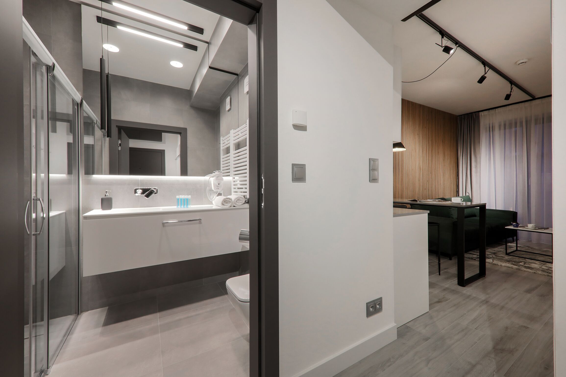 A modern bathroom with a glass shower enclosure, a white vanity, and a toilet.