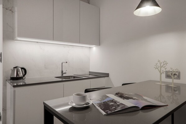 A modern kitchen with a built-in sink, a kettle, and a magazine on the counter. - Odrzańska Residence by Boogie Apartments (Wroclaw)