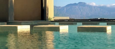 Seasonal outdoor pool, sun loungers