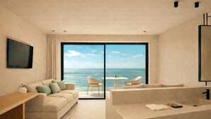 Quarto de hotel moderno com uma grande porta de vidro deslizante que dá para uma varanda com vista para o mar.