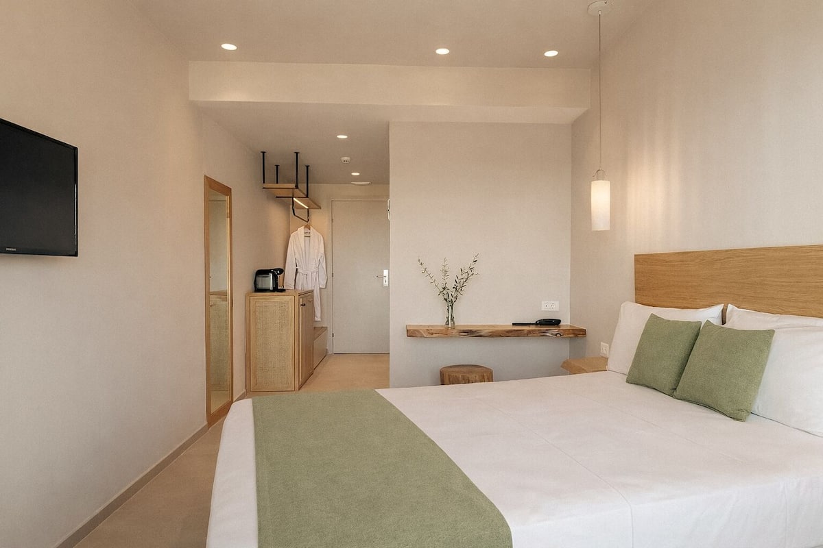 Habitación de hotel con una cama grande, televisión montada en la pared, cabecero de madera y una mesita con un florero.