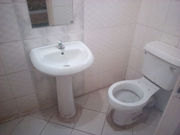 Um banheiro pequeno com pia e vaso sanitário brancos.