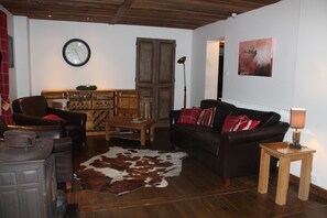 Télévision, cheminée, lecteur de DVD, livres