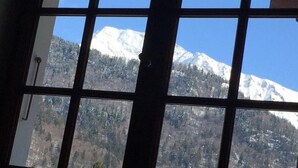 Une fenêtre donnant sur des montagnes enneigées et des collines boisées.