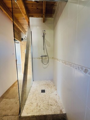 Shower, hair dryer, towels, soap