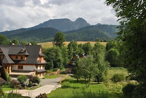 Ländliche Gegend mit traditionellen Holzhäusern, einem Steinweg und Blick auf die Berge im Hintergrund.