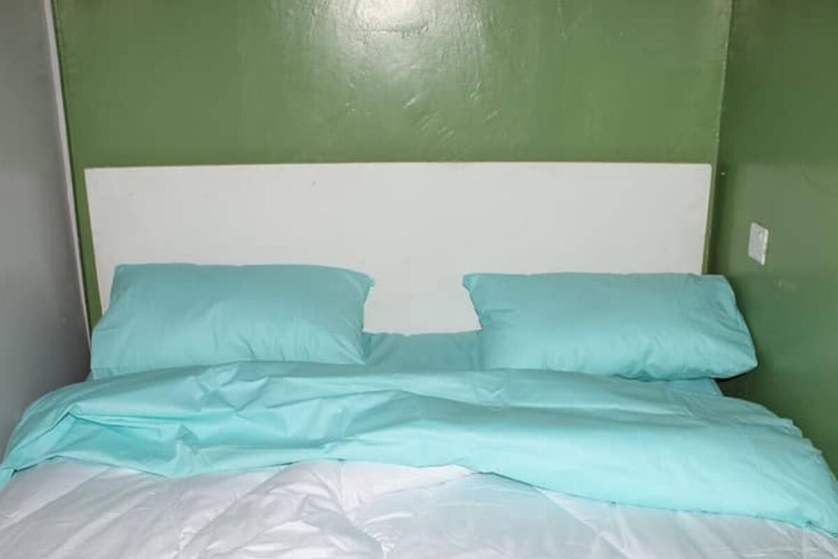 A bed with a white headboard and two light blue pillows in a room with green walls.