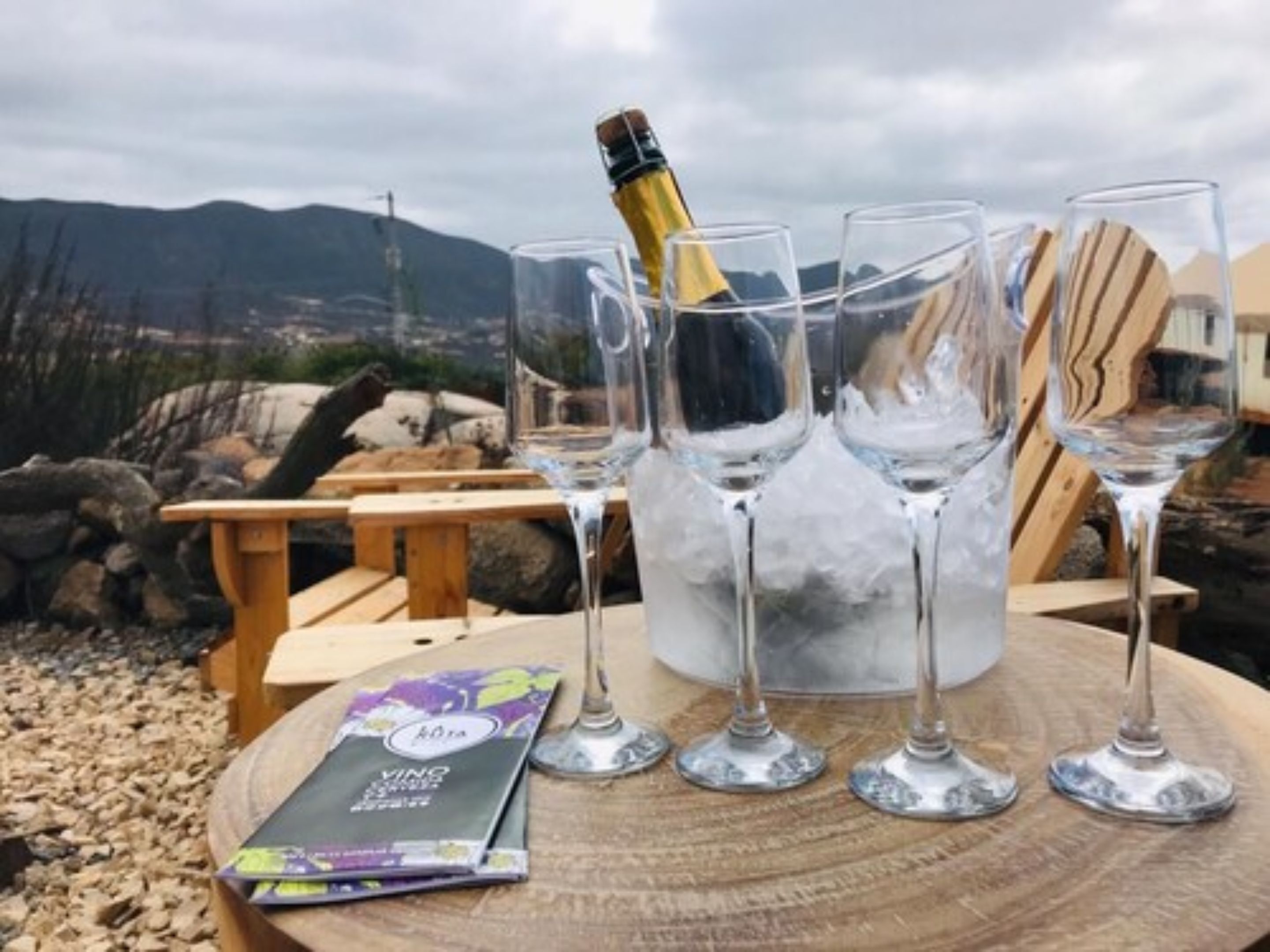 A table with four wine glasses, a bottle of champagne, and a book titled "VING VINEYARDS."