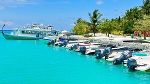 Un port de plaisance où sont amarrés plusieurs bateaux, un grand bateau doté d’un pont couvert, et en arrière-plan, des palmiers et une eau d’un bleu limpide.