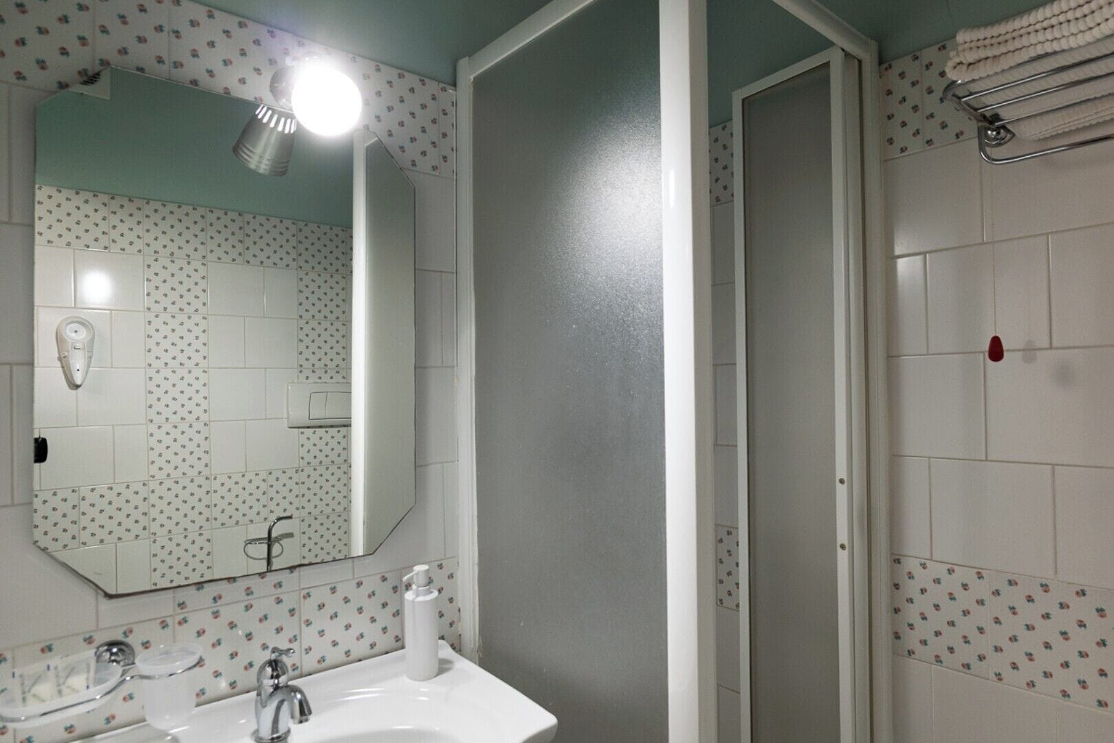 A bathroom with a white sink, a mirror, and a shower area.