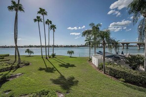 A grassy area with palm trees and a view of a bridge over water.