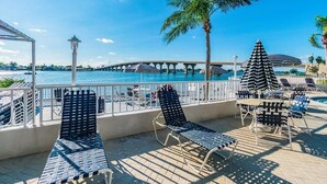 A poolside area with lounge chairs and umbrellas, a palm tree, and a bridge in the background. - Waterfront 2BR/2BA condo in St. Petersburg with pool, hot tub, and beach access. (St. Petersburg)
