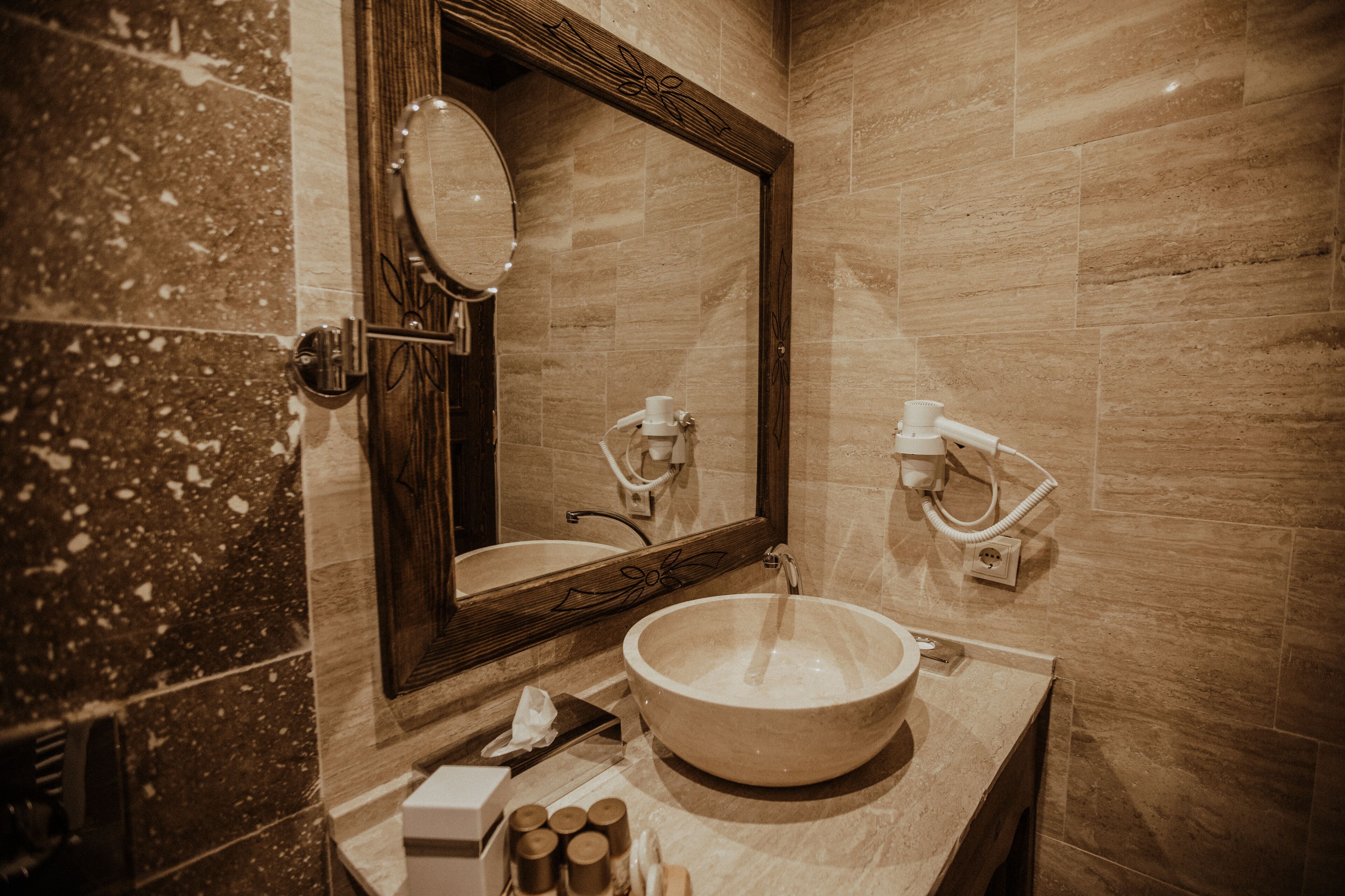 family suite, valley view | bathroom | designer toiletries, hair dryer, slippers, heated floors