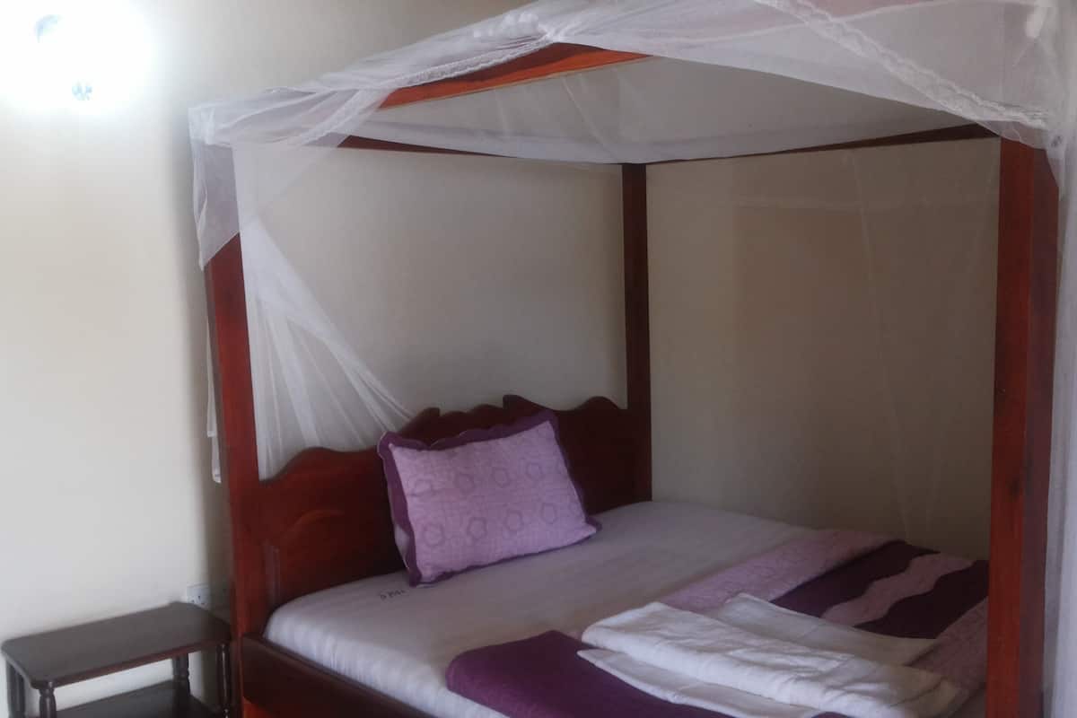 A single bed with a canopy, a bedside table, and a wall socket.