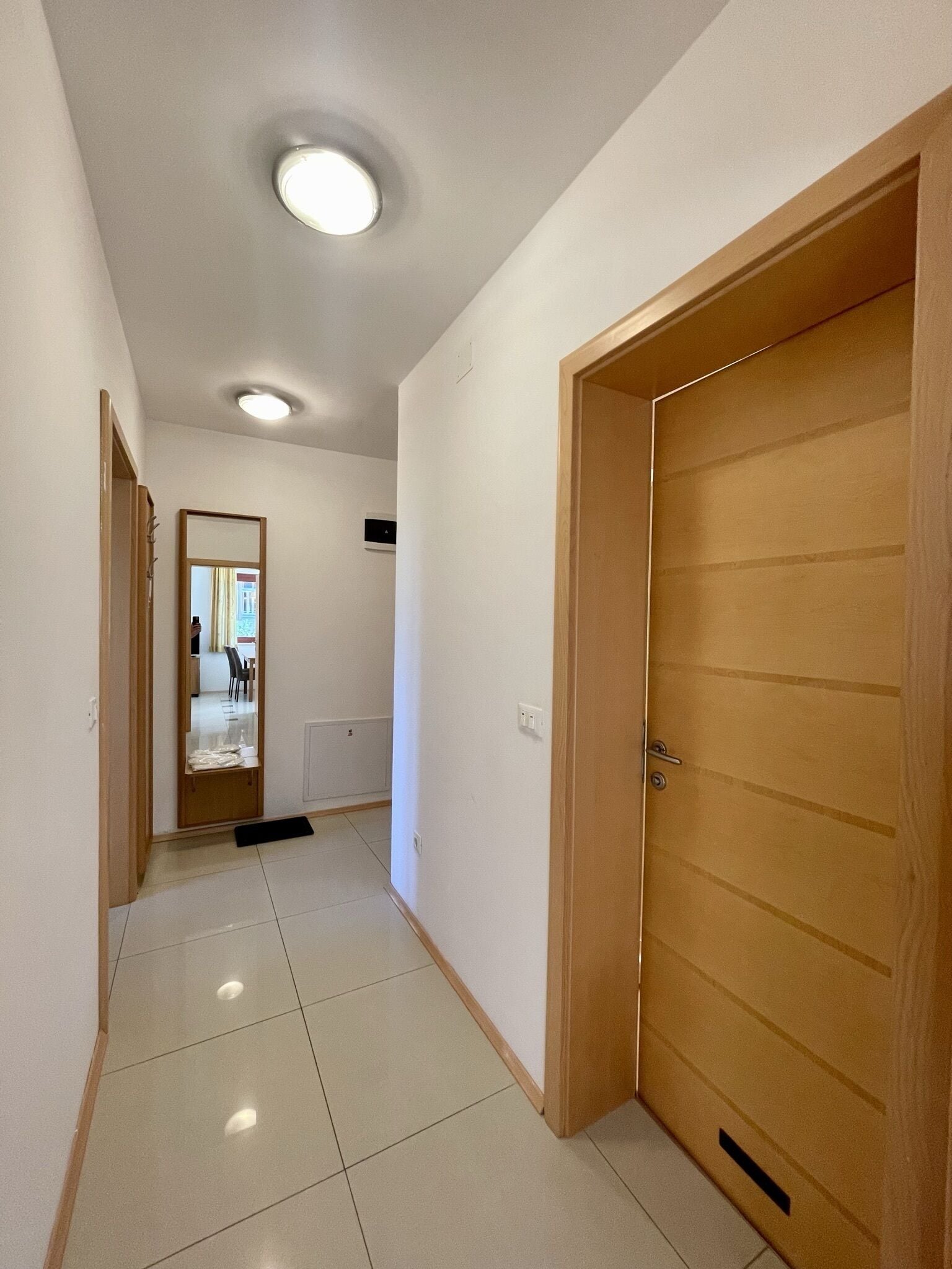 A hallway with a wooden door, a mirror, and a recessed ceiling light.