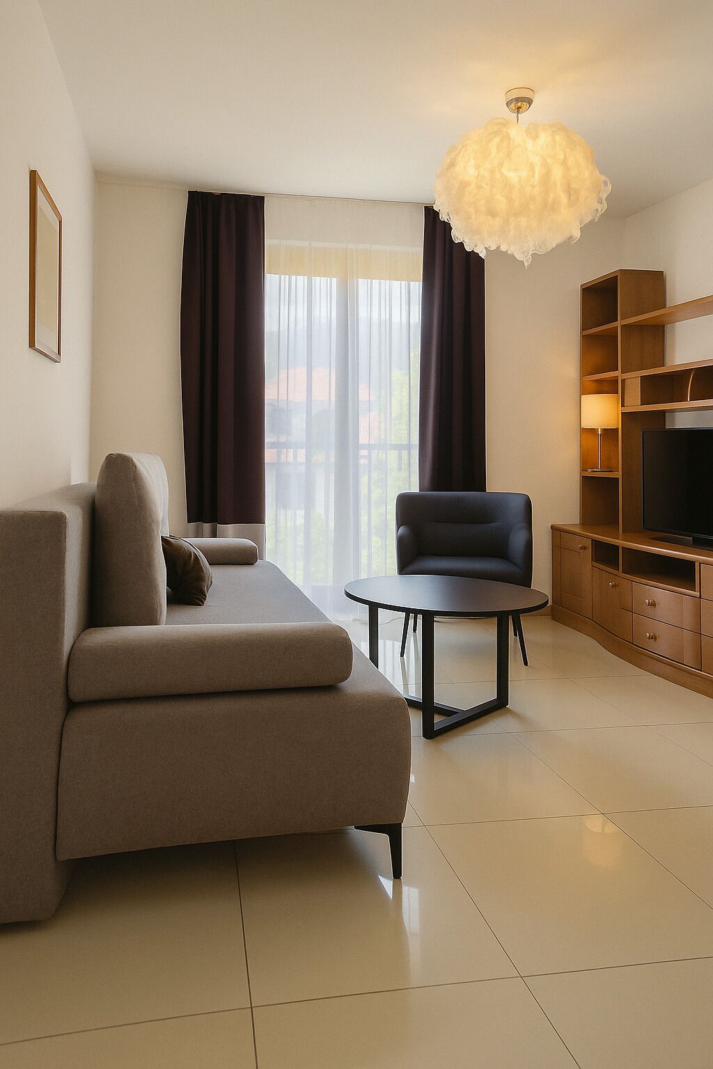 A modern living room with a sofa, a chair, a small table, a TV stand, and a large window with curtains.