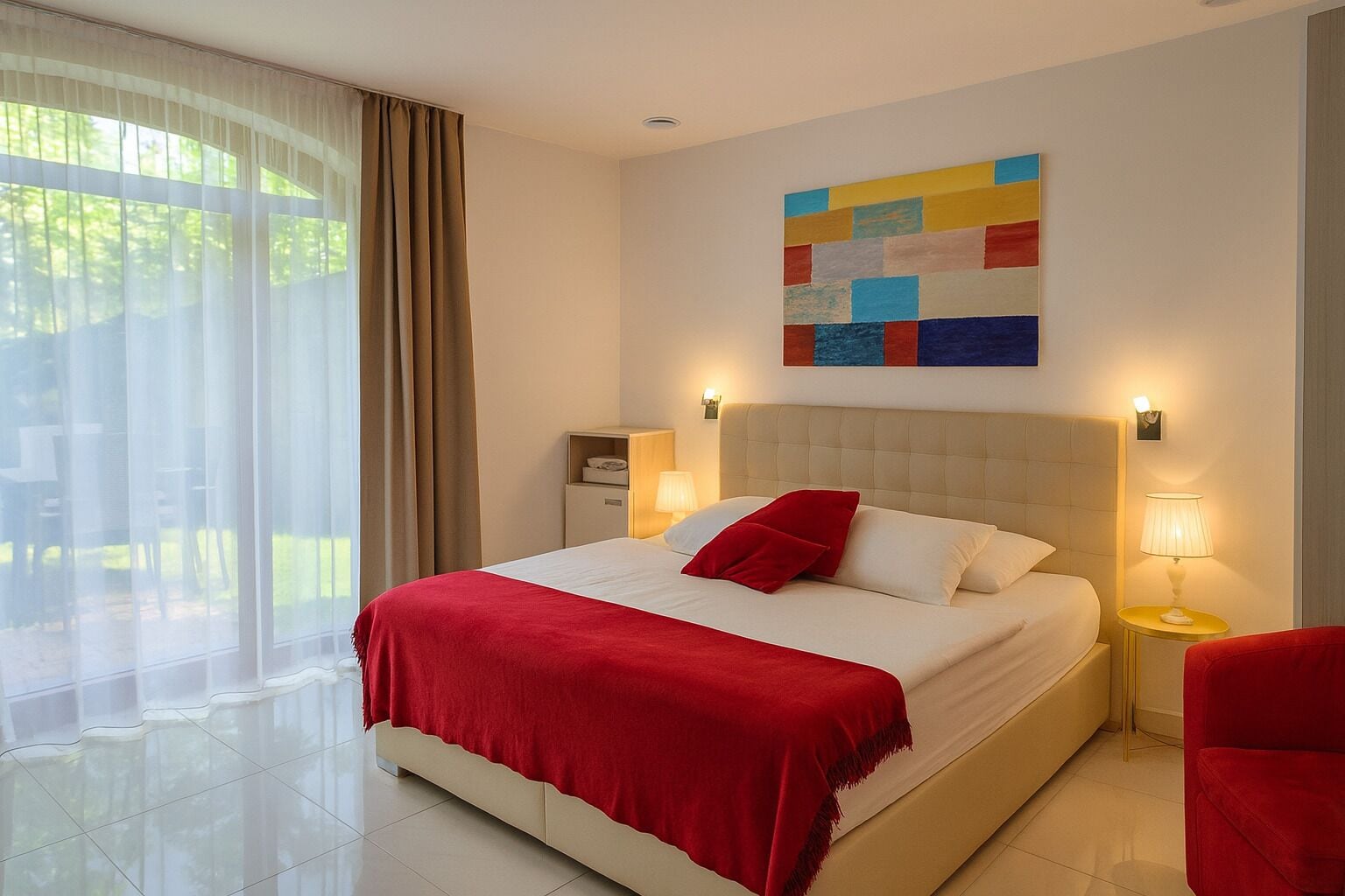 A hotel room with a large bed, two bedside tables with lamps, a colorful abstract painting on the wall, and a view of greenery through sheer curtains.