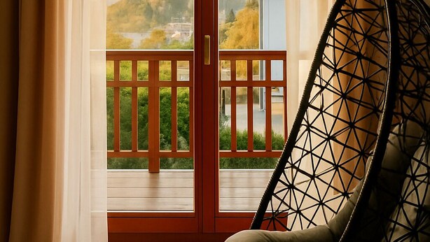Una habitación con una silla colgante, un divisor de vidrio corredero que da a un balcón y vistas a una colina y árboles.