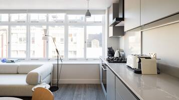 Fridge, microwave, oven, stovetop