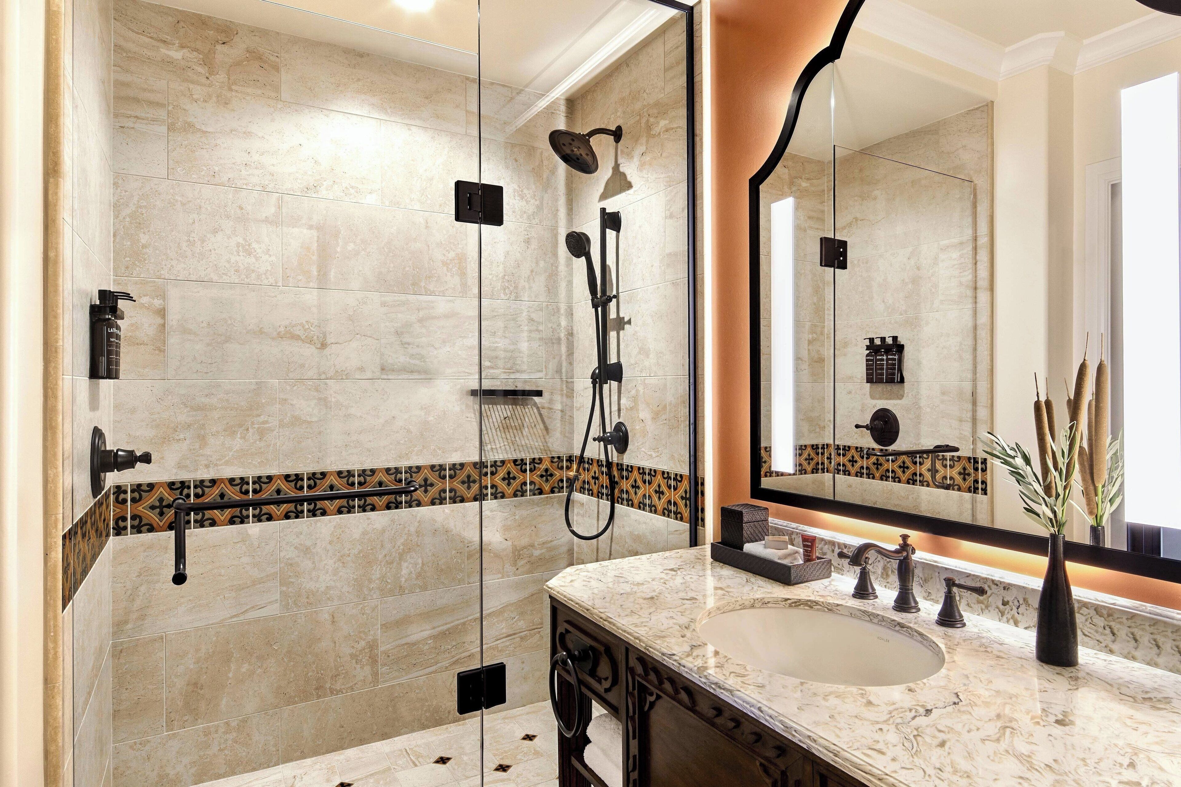 combined shower/bathtub, hair dryer, bathrobes, slippers