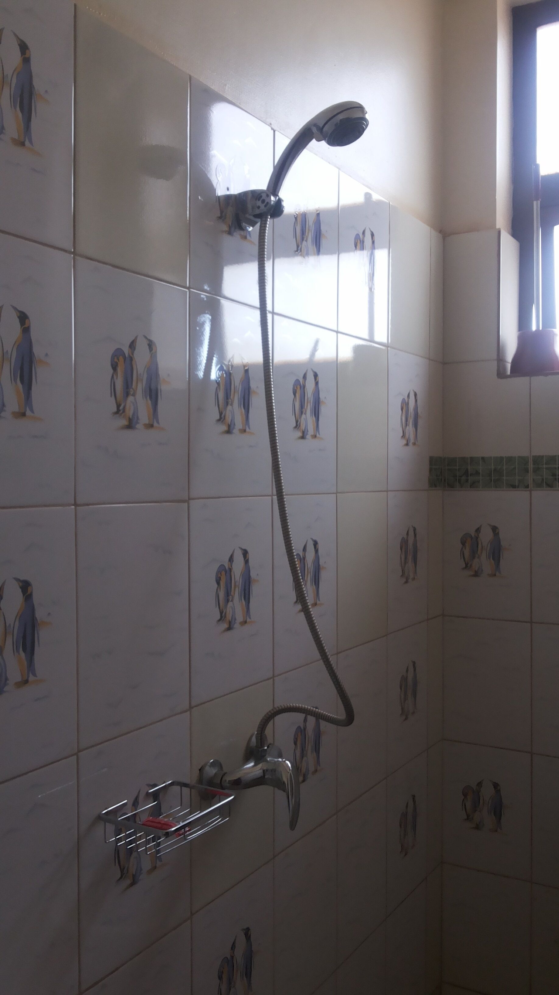 Un baño con paredes de azulejos decorados con ilustraciones de pingüinos, un cabezal de ducha y un accesorio de ducha manual.