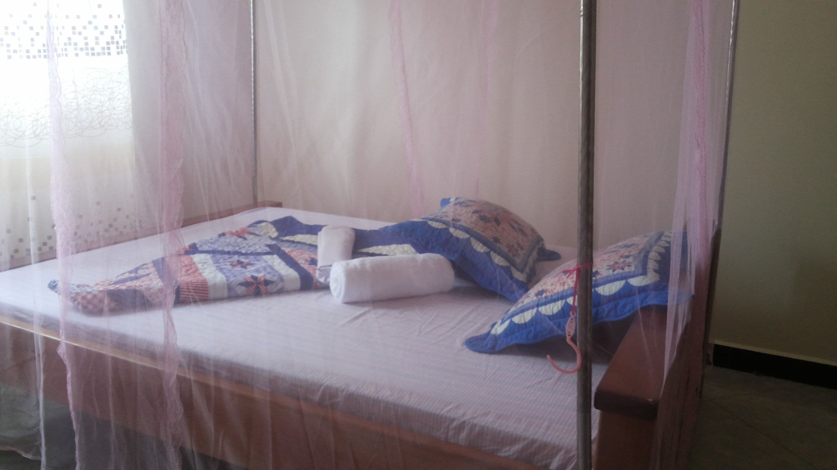 A single bed with a canopy, a pillow, and a blanket.