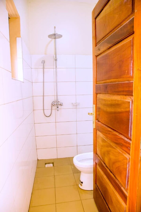 A bathroom with a shower, toilet, and wooden door.