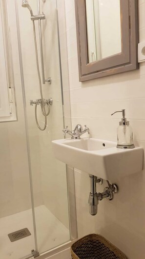 Hair dryer, towels, shampoo, toilet paper