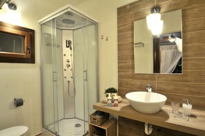 Shower, hair dryer, bidet, towels