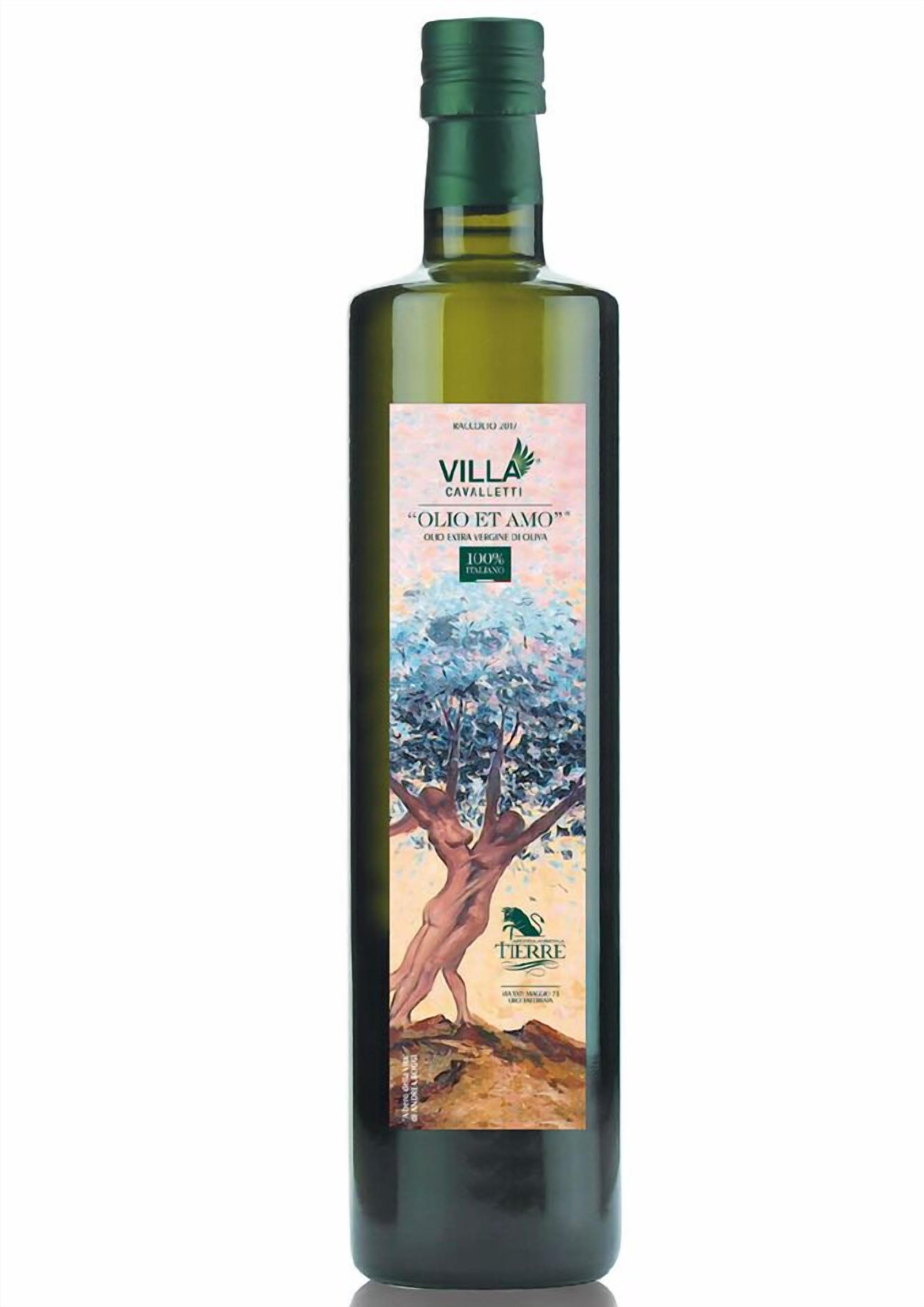 Garrafa de azeite extra virgem Villa Valletto Calvo Et Amore 100%, com rótulo que apresenta uma árvore e uma mão colhendo azeitonas.