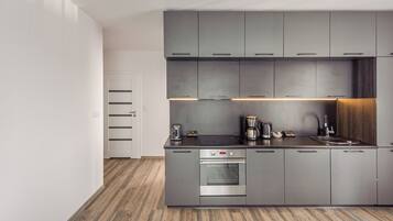 Apartamento (25B/9) | Cozinha privada | Geladeira, micro-ondas, cooktop, lava-louças