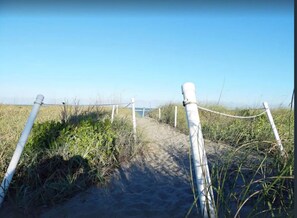 On the beach, sun-loungers, beach towels