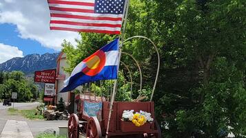 A rustic wagon with a flag, a sign for a hot springs inn, and a mountainous backdrop.