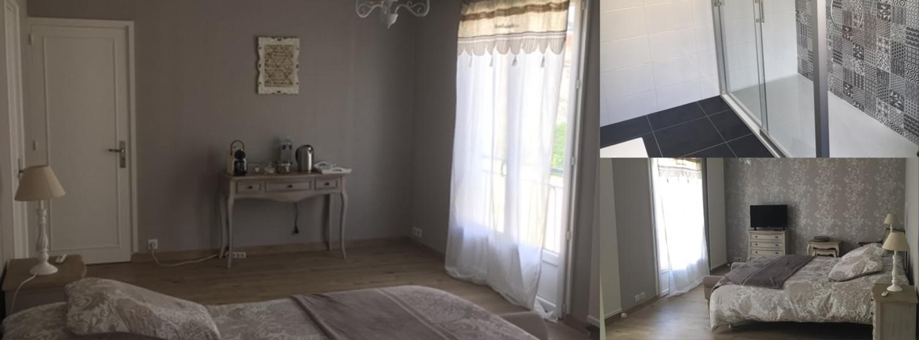 Un dormitorio con cama, escritorio y ventana con cortinas.