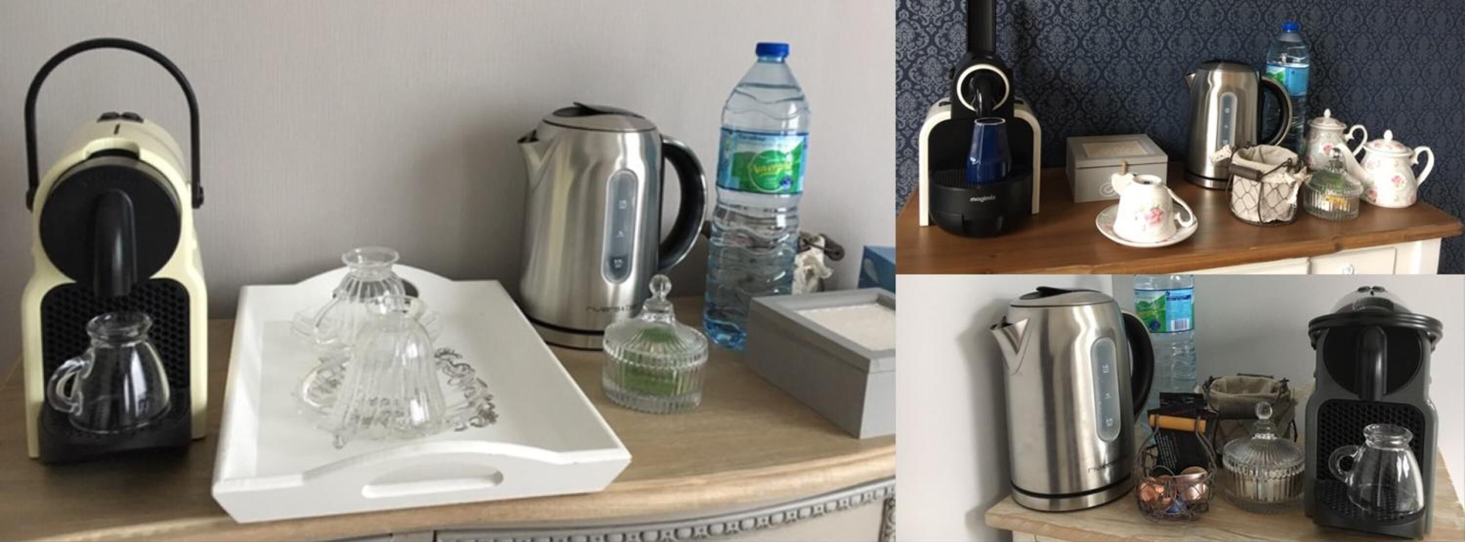 A kitchen counter with various coffee-making equipment, including a coffee maker, a kettle, and a water bottle.