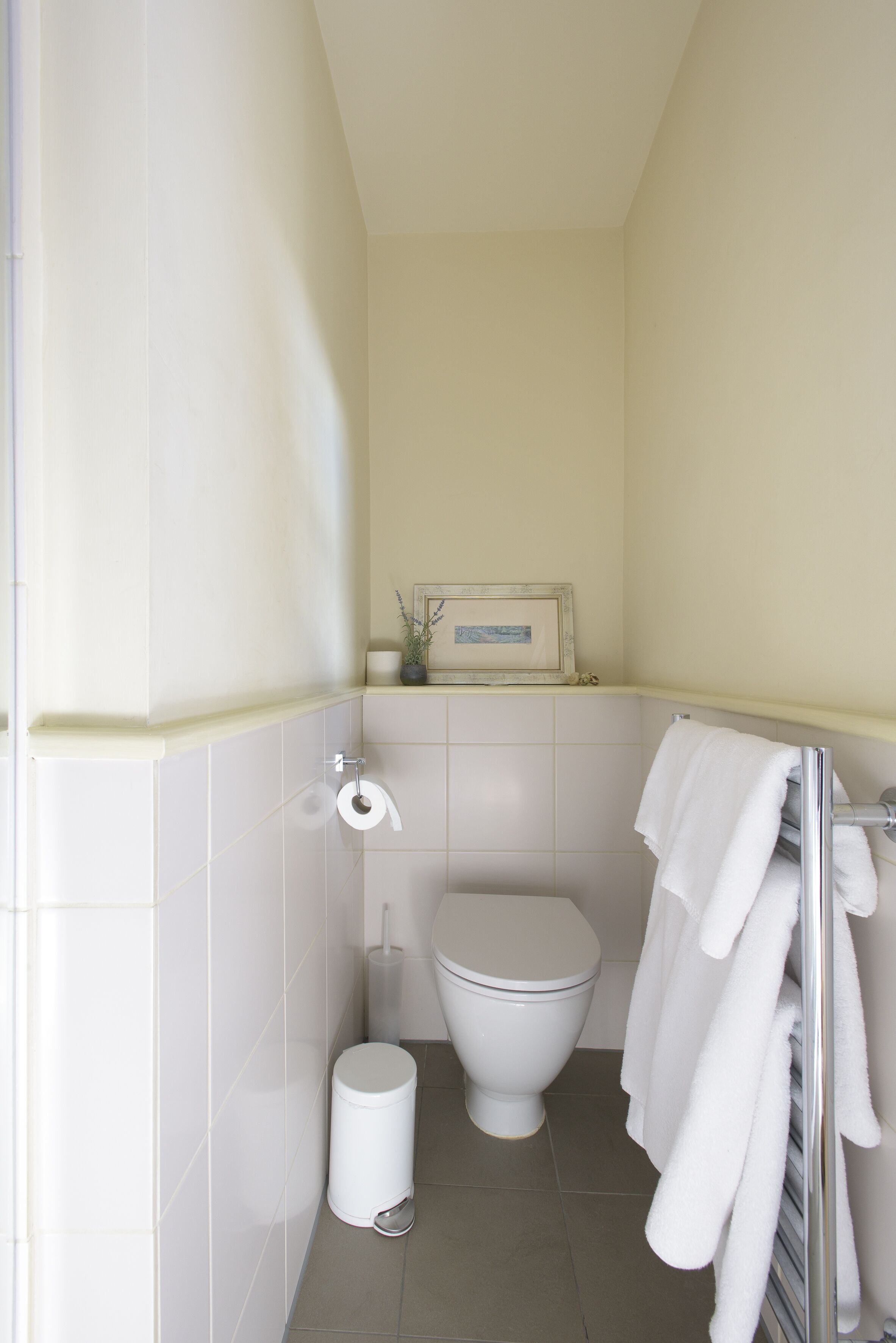 A small, clean bathroom with a toilet, a trash bin, and a towel rack.