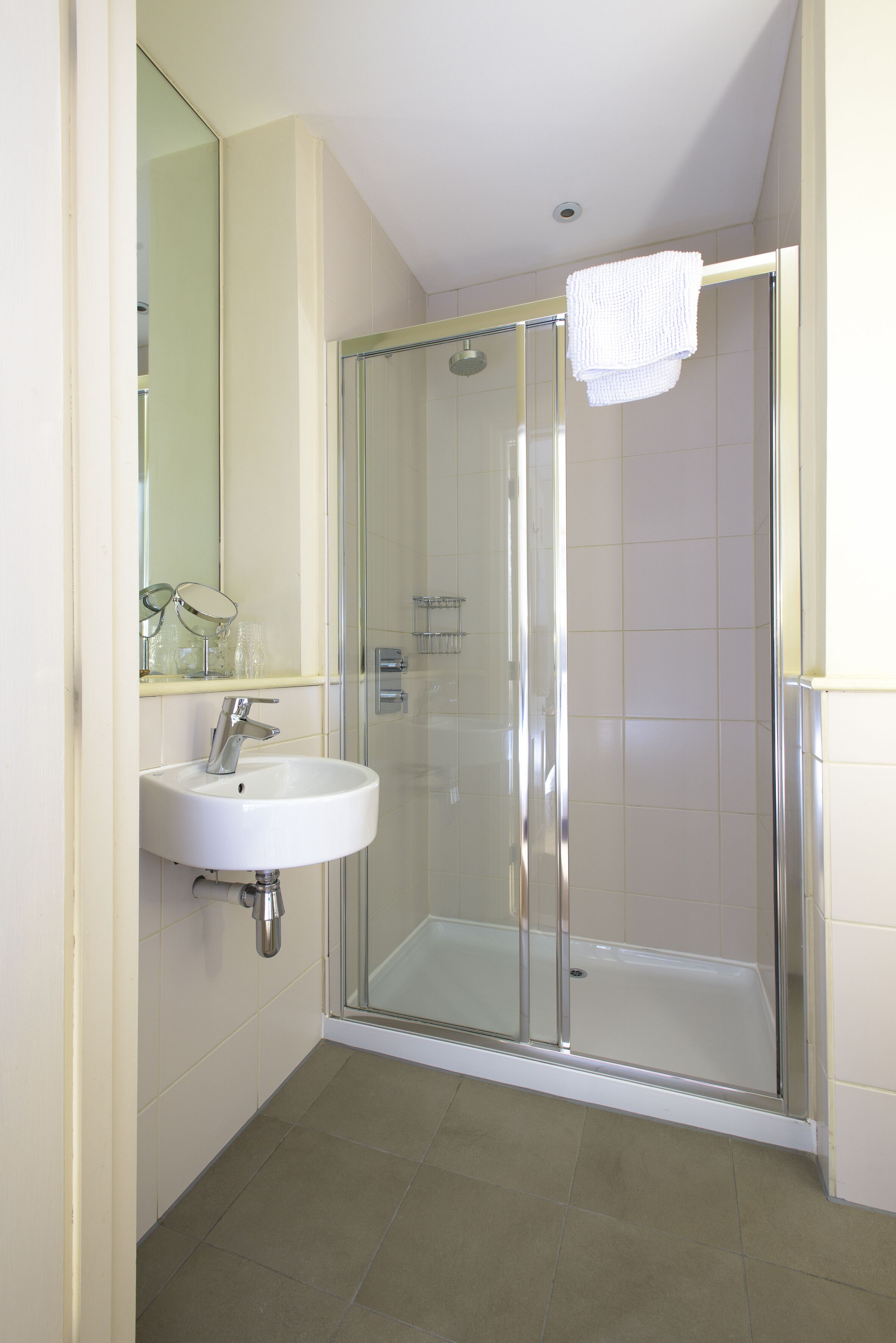 Une salle de bain avec une douche à parois de verre, un lavabo blanc et un miroir au-dessus du lavabo.