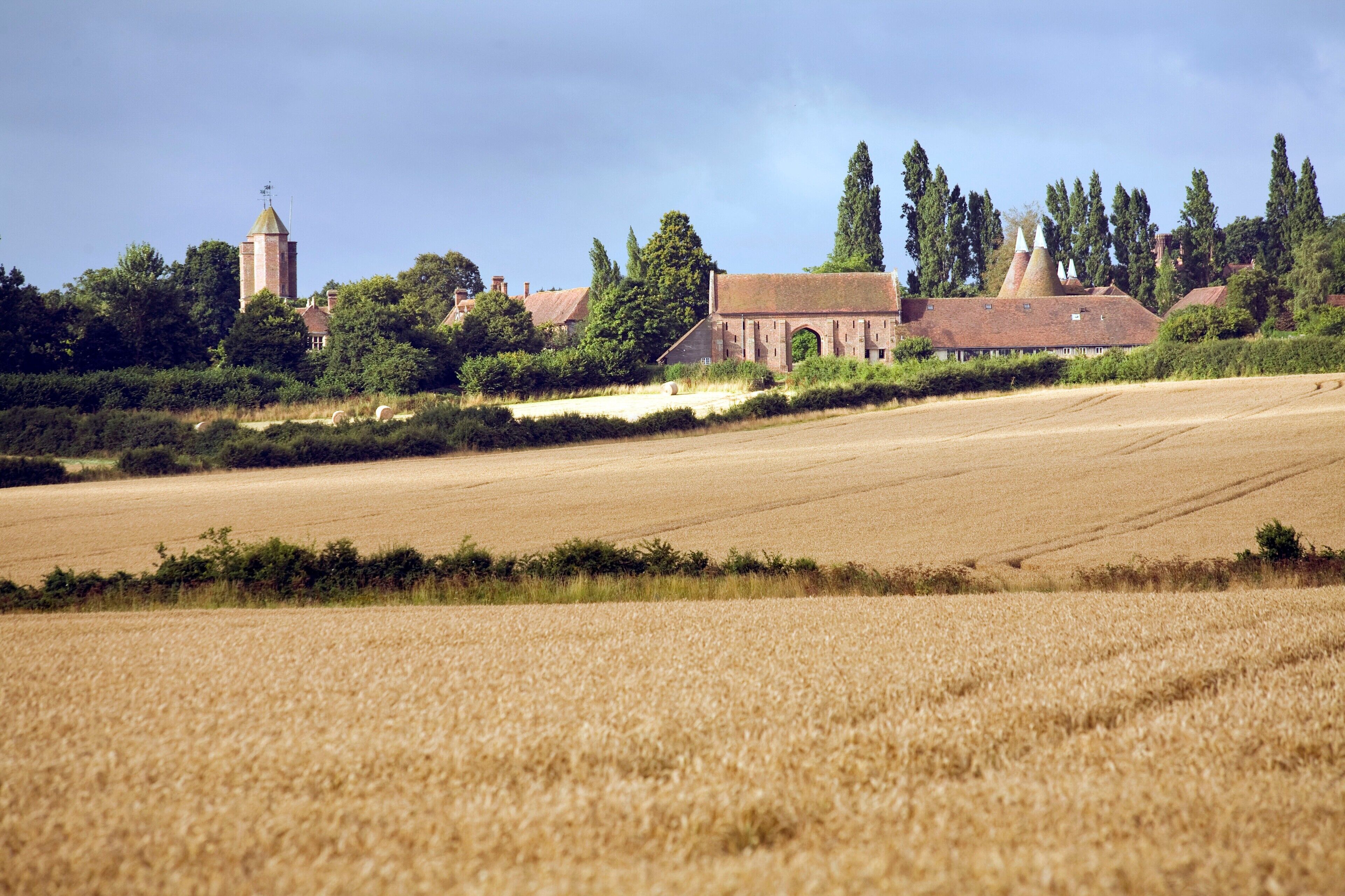 Ländliche Landschaft mit Feld, Kirche und Turm.