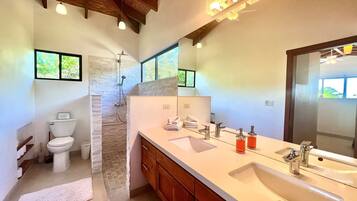 Shower, towels, soap, shampoo