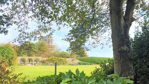 A park with a grassy area, a brick structure with arches, and a tree in the foreground. - Seaside Cottage With Parking (Worthing)