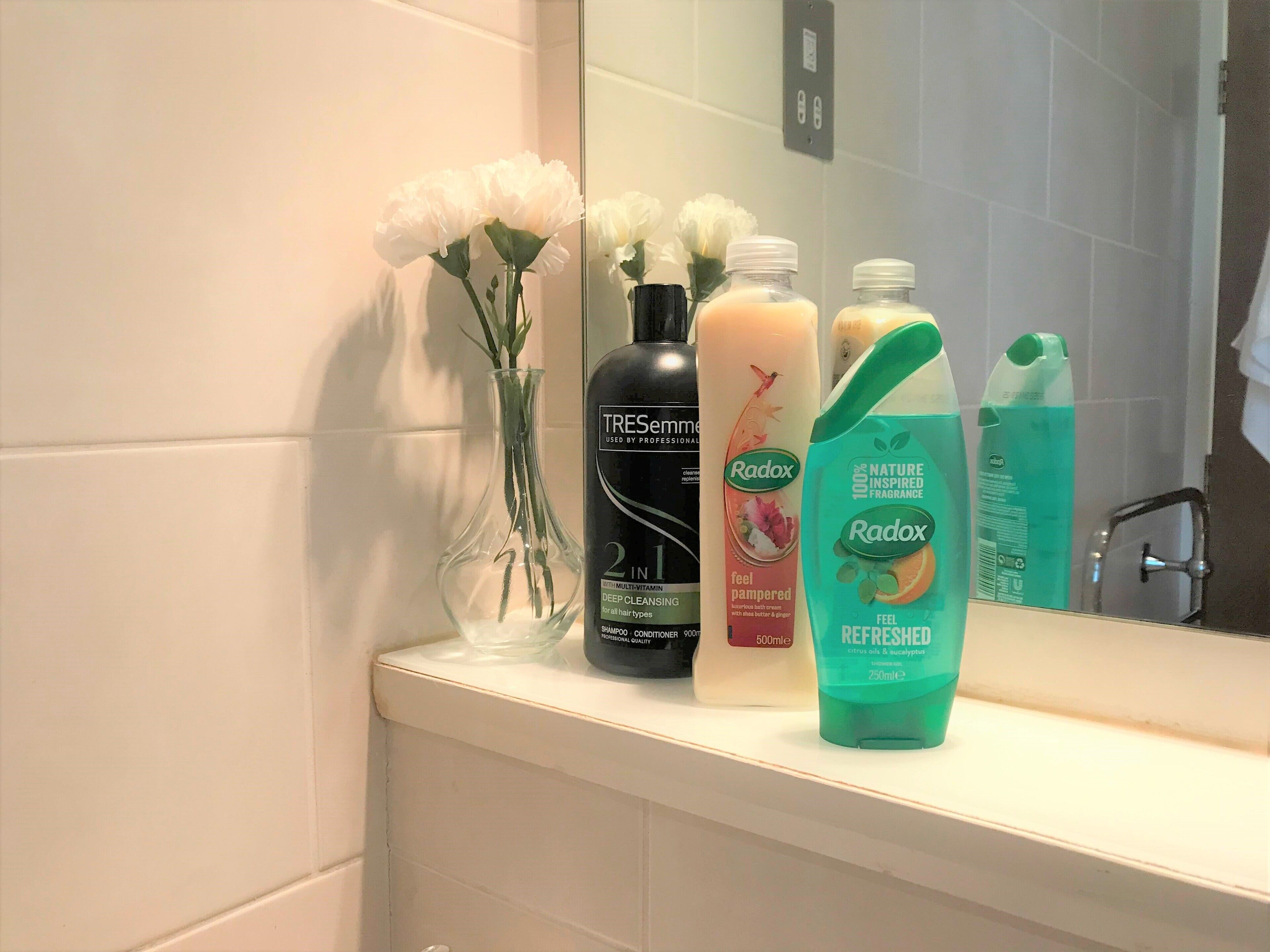 Toiletries on a bathroom counter, including a bottle of shampoo, a bottle of conditioner, and a bottle of body wash.