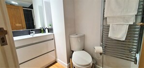 Dusche, Haartrockner, Handtücher, Shampoo