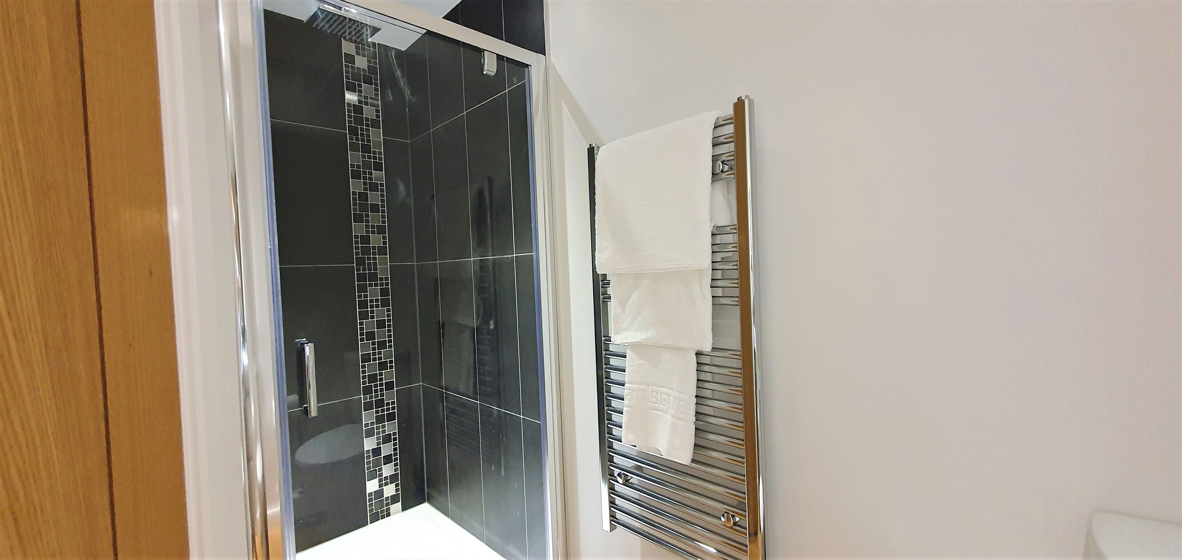 Shower, hair dryer, towels, shampoo