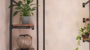 A wall-mounted shelf with a potted plant and a decorative glass sphere.