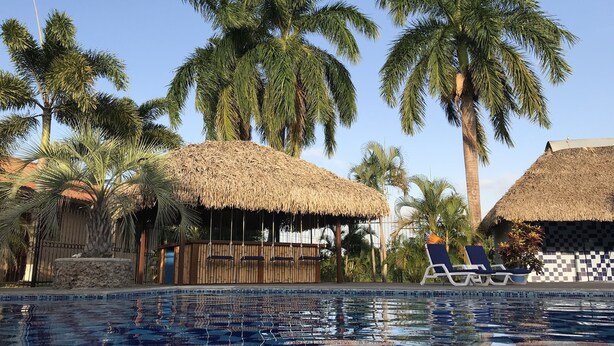 Un área de piscina con estructuras de techo de paja, palmeras y sillones de descanso.