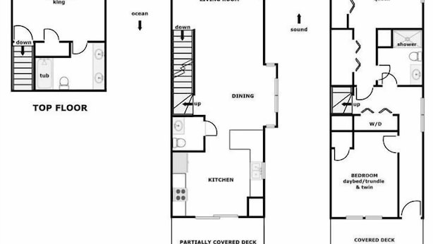 A floor plan of a 1779-5 New River Inlet Road apartment with a sun deck, king and queen bedrooms, a living room, dining area, kitchen, and a partially covered deck. - Island In The Sun - 3BR Townhouse with Ocean & Sound Views! (North Topsail Beach)