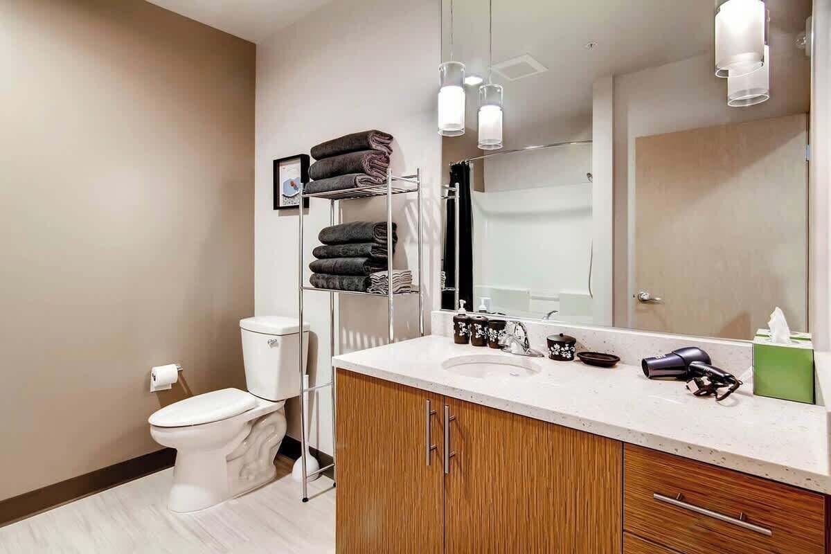 Bathtub, hair dryer, towels, shampoo