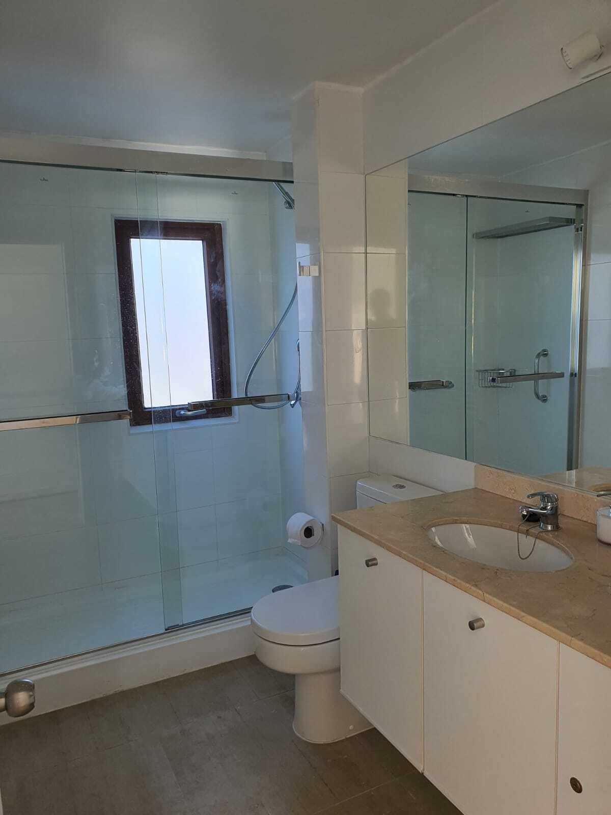 Een badkamer met een douche met glazen wand, een toilet en een wastafel met spiegel erboven.