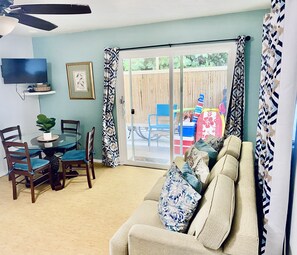 Smart TV, DVD player, books, video library